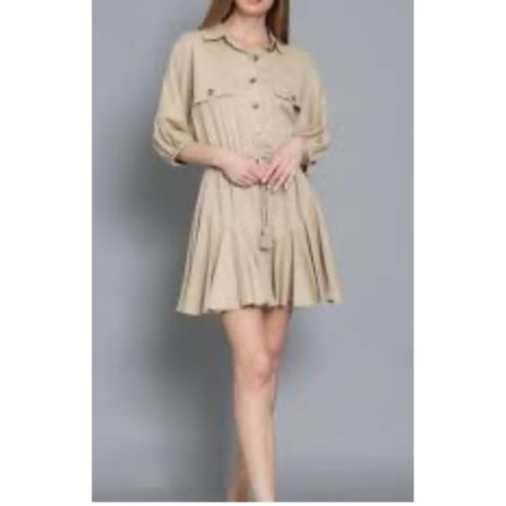 Grace + Karma Women's Shirt Dress S Tan Linen Blend Tassel Utility Mini Safari
